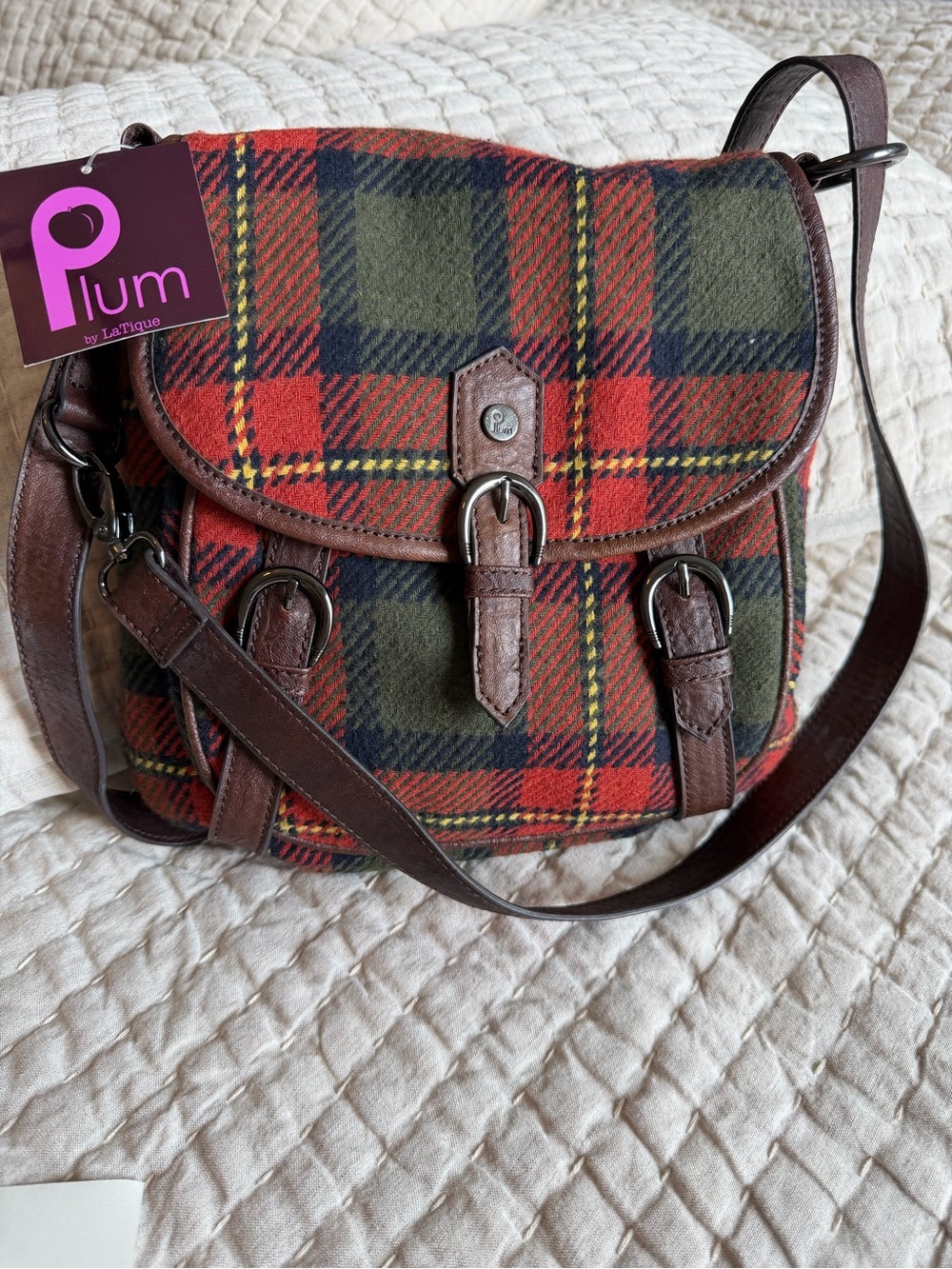 Plum by LaTique NWT Plaid Crossbody Bag with Brown faux leather Trim 11x11